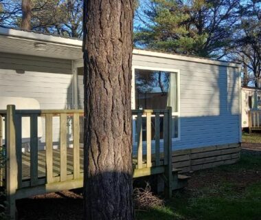 Mobil-home avec terrasse en bois sous pins au Camping Cœur De Vendée