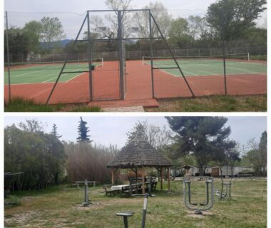 Terrain de tennis et aire de fitness en plein air au Camping Domaine des iscles