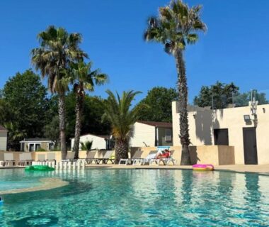 Piscine extérieure avec palmiers et transats au Camping Domaine du Golfe de St Tropez Aquatique Vacances