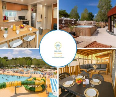 Piscine avec toboggans et plage au Camping Domaine la Yole