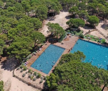 Piscines extérieures entourées de pins au Camping Golfo Di Sogno
