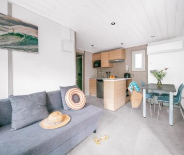 Séjour avec canapé et coin cuisine du Camping LANDAE