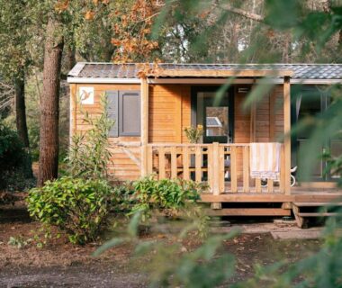 Sous-bois avec mobil-home en bois sur terrasse au Camping LANDAE