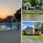 Piscine avec toboggan et mobil-homes au bord du lac au Camping La Garenne De Moncourt