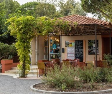 Entrée ombragée avec kiosque d'accueil et végétation du Camping La Tour de France