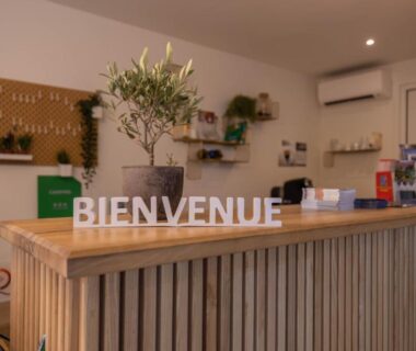 Comptoir d'accueil avec plante et présentoirs à la réception du Camping La Tour de France
