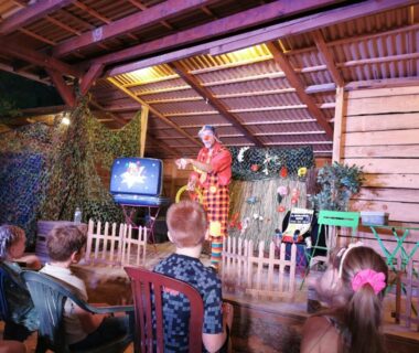 Scène couverte avec spectacle pour enfants au Camping Le Barutel