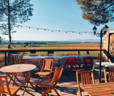 Terrasse en bois avec tables et chaises et guirlandes lumineuses face à la plaine au Camping Le Bois De Pins