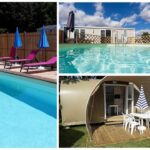 Piscine extérieure avec chaises longues et parasols au Camping Le Cardinal