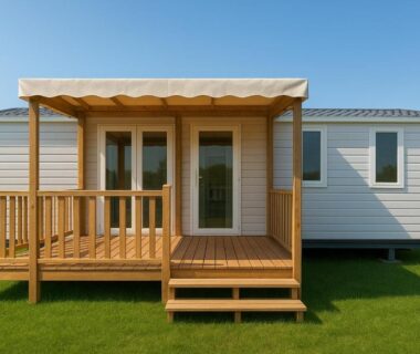 Façade et terrasse en bois du mobil home sur pelouse au Camping Le Chassezac