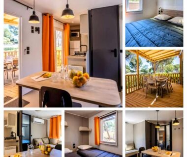 Intérieur avec coin repas chambres et terrasse en bois du mobil-home Le Hameau des Pins