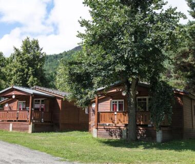 Allée herbeuse bordée de chalets en bois au Camping Le Malazéou Wellness Sport Camping