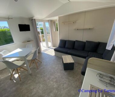 Intérieur du mobil-home avec canapé et table à manger au Camping Le Tarteron