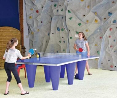 Salle de loisirs intérieure avec table de ping-pong et mur d'escalade au camping Le Ty Nadan à Roan