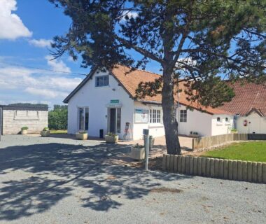 Entrée et bâtiment d'accueil sous arbre au Camping Les 2 Plages
