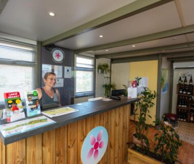 Réception intérieure avec comptoir brochures et personne à l'accueil du Camping Les Amandiers