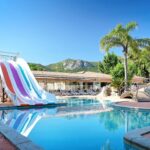Piscine extérieure avec toboggans chaises longues et palmiers au Camping Les Castors