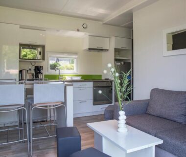Intérieur salon et kitchenette dans le mobil-home du Camping Les Chèvrefeuilles