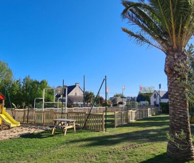Aire de jeux et palmiers au Camping Les Goélands Carnac
