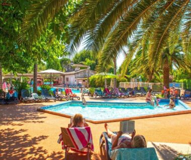 Piscine avec transats sous palmiers au Camping Les Pêcheurs - Maeva