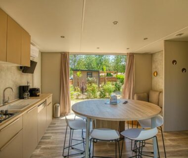 Intérieur avec coin repas et terrasse donnant sur jardin du Camping Les Pins Bord de mer