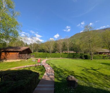 Pelouse et chalets en bois dans les montagnes au Camping L'imprévu