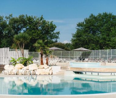 Piscine extérieure avec palmiers et solarium au camping Lou Broustaricq