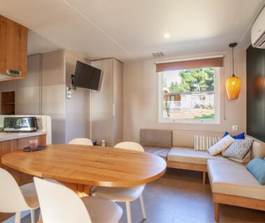 Séjour avec coin repas kitchenette et canapé du Camping Lou Soulei 218