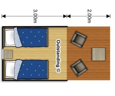 Plan de chambre avec deux lits et terrasse du Camping Moulin de Collonge