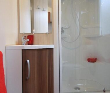 Salle de bain avec douche et lavabo au Camping Officiel Siblu Mar Estang
