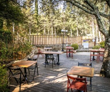 Terrasse en bois avec tables et chaises au Camping Olva - Maeva