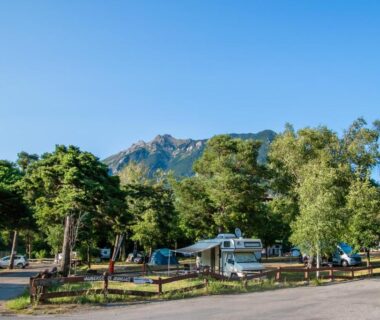 Emplacement de camping avec mobil-home et pins au Camping Onlycamp la Rochette