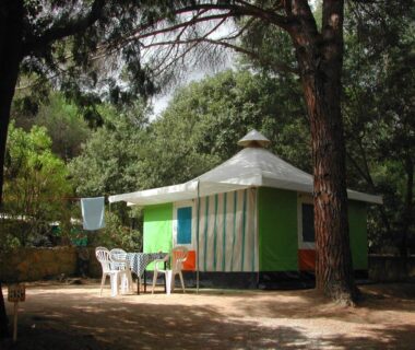Sous pinède bungalow rond avec table et chaises au Camping Paduella