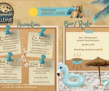 Panneau d'information sur sable avec bouée gonflable et parasol au Camping Parc Bellevue