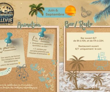 Affiche d'animations bar et restaurant sur fond côtier au Camping Parc Bellevue