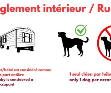 Panneau règlement intérieur affichant pictogrammes de mobil-home enfant et chiens autorisés et interdits au Camping Parc des Roches