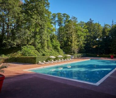 Piscine extérieure entourée d'arbres au Camping Parc des Roches