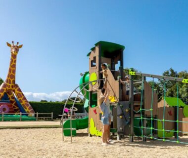 Aire de jeux avec structure d'escalade et toboggan girafe au Camping Park Er Lann