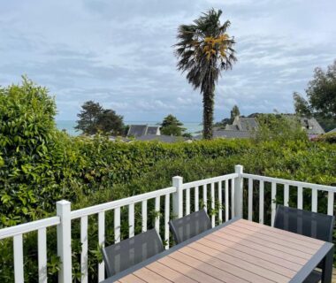 Terrasse avec table et chaises donnant sur jardin et palmier au Camping Port Mer Plage à Cancale