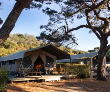 Terrasse en bois avec tentes lodge sous pins au Camping RCN Port l’Epine