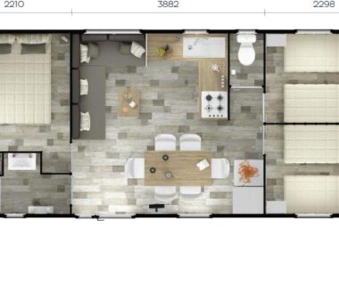 Plan du mobil-home avec séjour cuisine et chambres au Camping Resort Les Champs Blancs