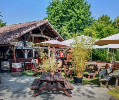 Terrasse ombragée avec tables et parasols du Camping Rivages des Landes Mobil-home climatisé et Tv