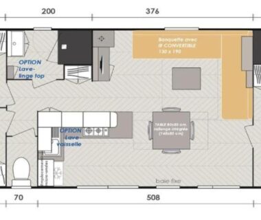 Plan intérieur d'un mobil-home avec trois chambres et séjour au Camping SIBLU Domaine de Kerlann