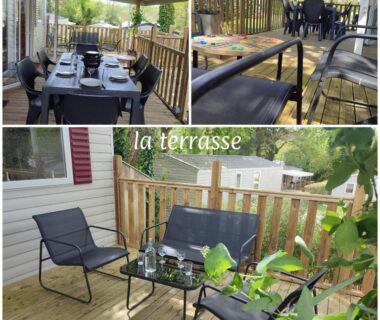 Terrasse bois avec salon de jardin du Camping SIBLU Domaine de Kerlann