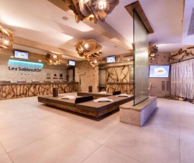 Lobby intérieur avec comptoir d'accueil et coin détente du Camping Sable d'Or 3 chambres