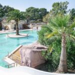 Piscine extérieure avec palmiers et rocher au Camping Site de Gorge Vent
