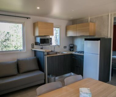 Intérieur de mobil home avec canapé et cuisine ouverte au Camping Site de Gorge Vent