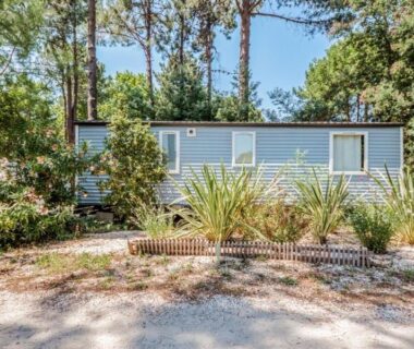 Mobil-home entouré de pins au Camping Taxo Les Pins Maeva
