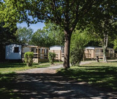 Allée gazonnée et mobil-homes ombragés au Camping Terre d'Armor