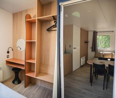 Intérieur avec armoire bureau table et coin repas dans le mobil home Camping Terre d'Armor